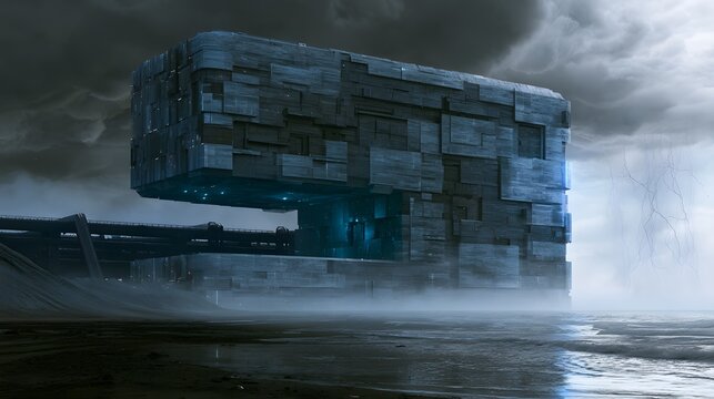 Alien Data Core Activation Amidst Stormy Coastline A Cinematic Industrial Sci Fi Landscape Design