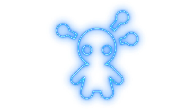 Blue neon colorfull voodoo doll icon with pins stuck in its head for magic and spiritual rituals isolated on transparent background for spooky graphic design and web apps