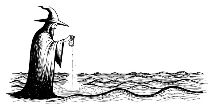 Wizard pouring sand into wavy sea water in hand drawn engraving style