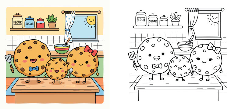 Cute cartoon cookie family kitchen baking scene coloring page and colored vector illustration set, featuring chocolate chip cookies with utensils, flour and sugar jars