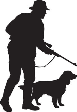 Hunter silhouette with hunting dog and rifle, outdoorsman walking with spaniel, black vector illustration of hunter in hat and boots