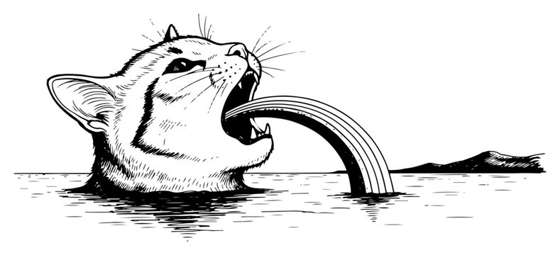 Cat head in the water with a striped rainbow arching out of its open mouth in surreal ink sketch style
