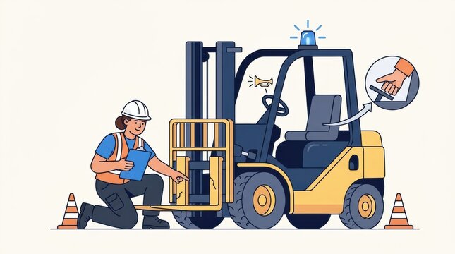 Warehouse worker checks forklift parts and follows safety protocols in a logistics setting while taking notes on clipboard.