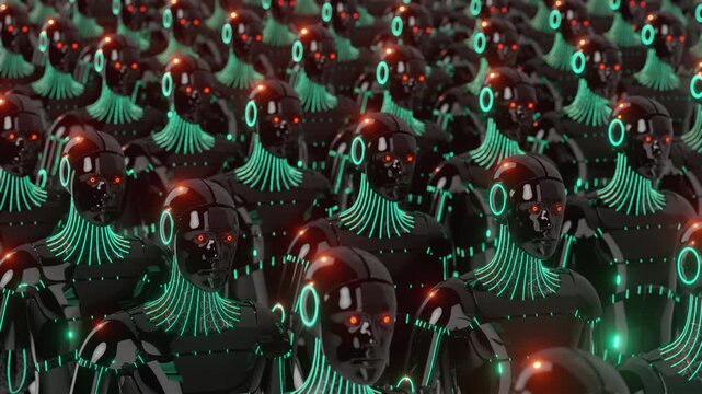Seamless 3d loop of an army of identical futuristic androids. Abstract visualization of artificial intelligence, cloning and technology evolution. Cinematic sci-fi atmosphere for tech projects.