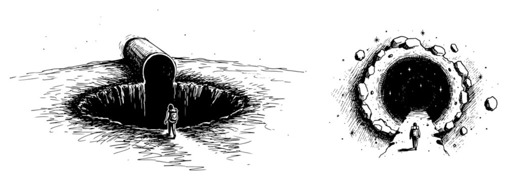 Explorer standing before cosmic void sinkhole and asteroid vortex portal ink engraving style