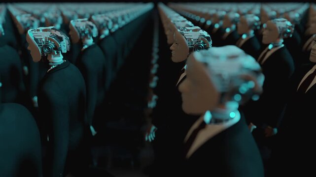 Endless 3d loop animation of humanoid robots in business suits walking together. Concept of corporate automation, future workforce and artificial intelligence taking over office jobs.