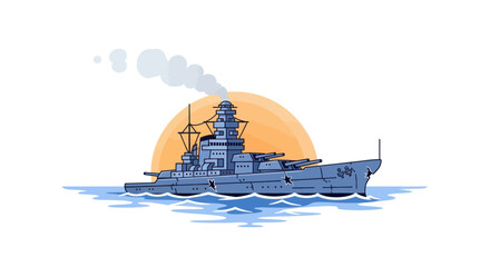 Vintage Battleship Sailing at Sunset, Naval Warship Illustration © Yumna