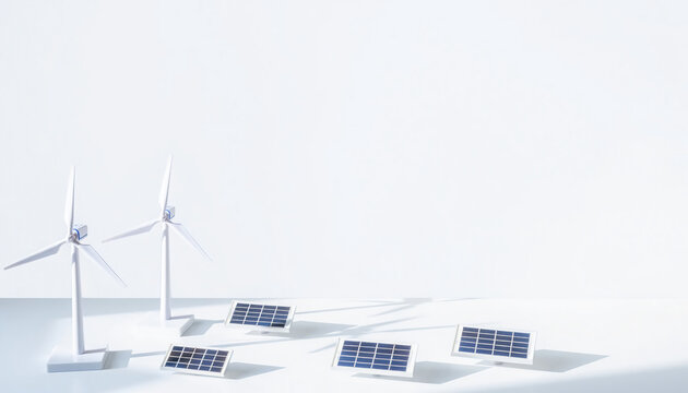 Miniature wind turbines and solar panels on a bright white surface, representing clean, sustainable energy for a better future