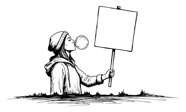 Woman blowing bubble gum and holding a blank sign in hand drawn ink sketch style