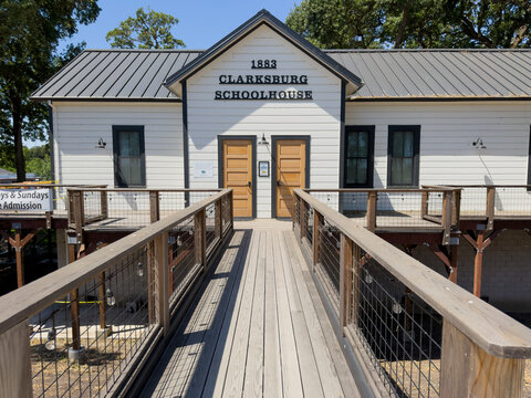 Historic Clarksburg Schoolhouse 1883 Entrance with Wooden Walkway in Clarksburg California