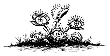 Venus flytrap plants with human eyes inside mouths in hand drawn sketch style © Logan