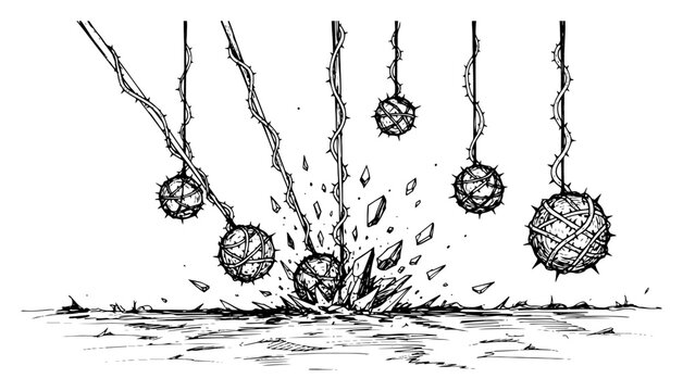 Spiked swinging balls hanging from thorny vines smashing into ground in detailed engraving style