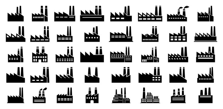 Factory and industrial building glyph icons sheet in clean vector graphic style