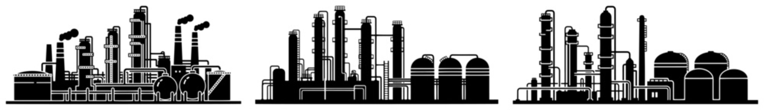 Oil refinery and chemical plant silhouette panoramas in flat black vector style
