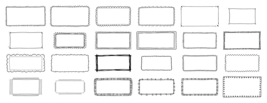 Rectangular frames and decorative borders set black ink doodle style