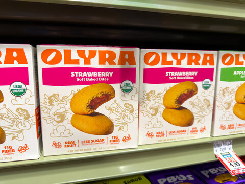 Olyra Strawberry Soft Baked Biscuits Boxes on Grocery Store Shelf