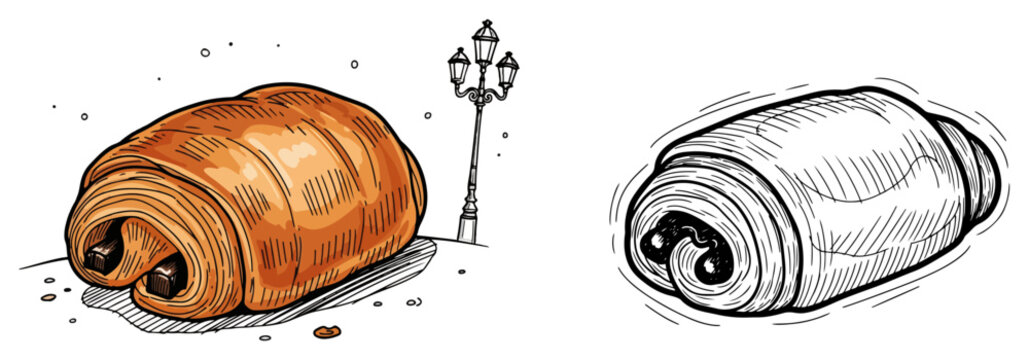 French chocolate croissant pastries in hand drawn color and black ink sketch style