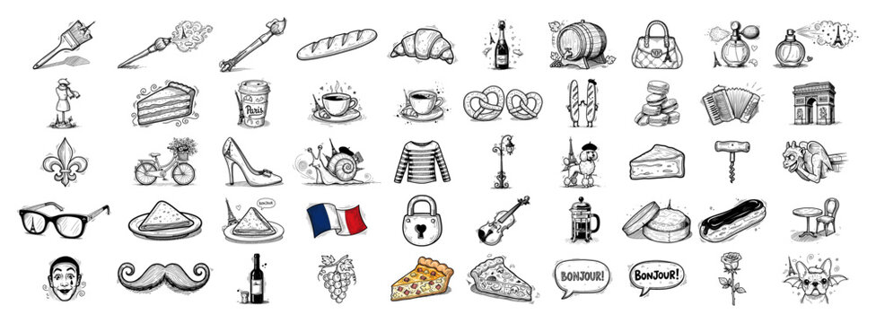 Paris travel and French culture doodles collection in hand drawn sketch style