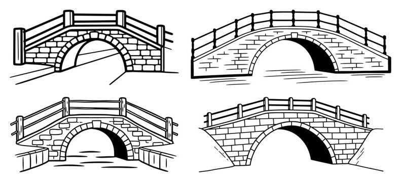 Stone arch bridges with wooden railings set black ink style