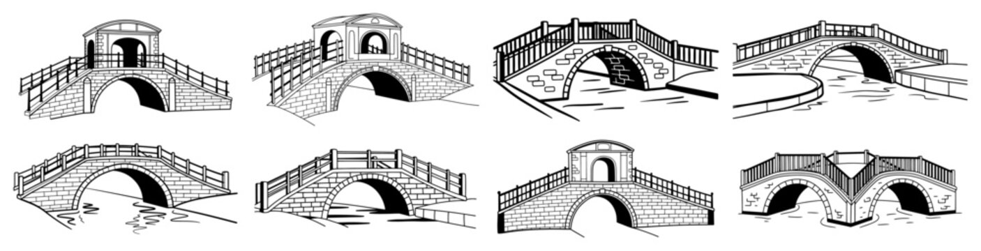 Stone arch bridge icons and architectural designs collection black ink sketch style