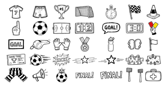 Soccer football tournament doodles and match elements set in hand drawn sketch style