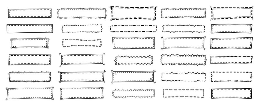Dashed rectangular borders and sketchy hand drawn frame outlines in doodle style
