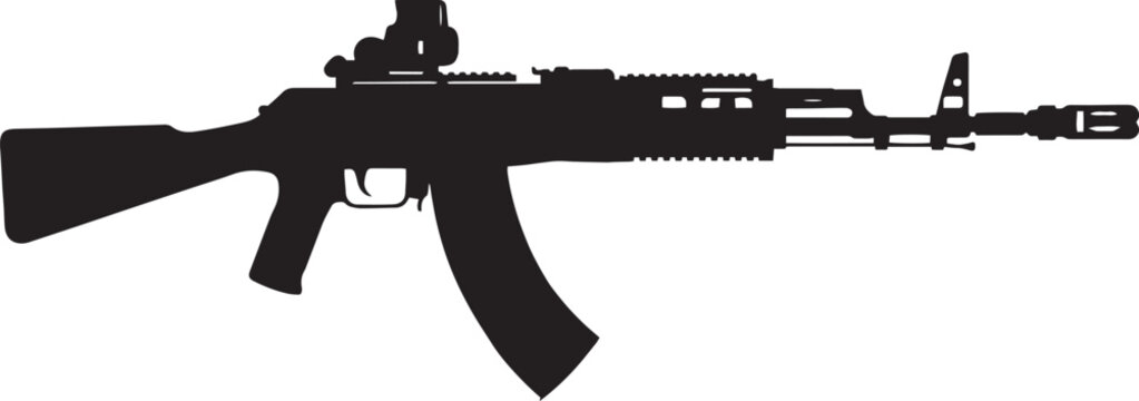 Tactical assault rifle silhouette with optical sight, modern automatic firearm vector icon, military weapon profile for gaming and defense graphics