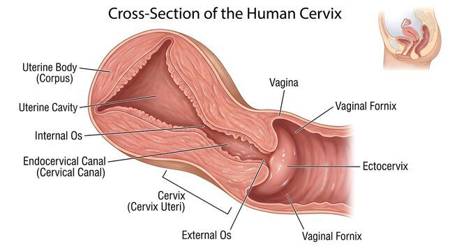 Cross‑Section of the Human Cervix: Uterine Body and Cavity, Endocervical Canal, Internal and External Os, Vaginal Fornices and Ectocervix Demonstrating the Junction Between the Uterus and Vagina


