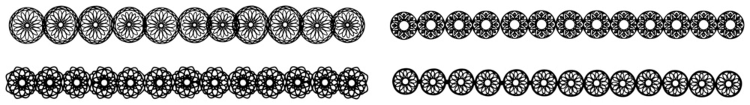Circular mandala borders and floral geometric ornaments forming seamless patterns in vector line style