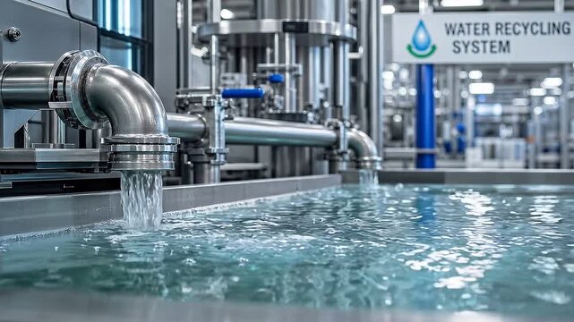 Closed loop water recycling manufacturing plant tank with stainless pipe delivering clear recycled water and efficient circular system creating