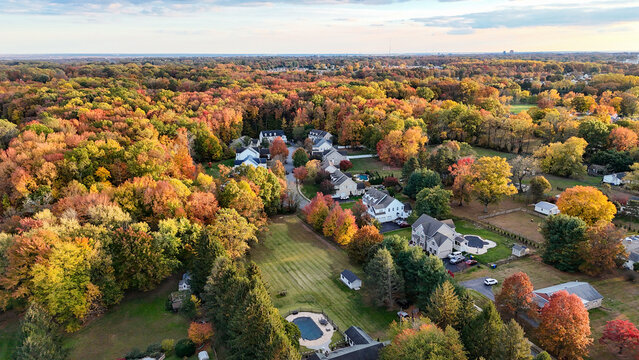 Aerial view of colorful autumn neighborhood in Garnet Valley, Pennsylvania suburb near Philadelphia
