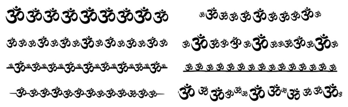 Om symbol seamless borders and Hindu sacred dividers in hand drawn doodle style