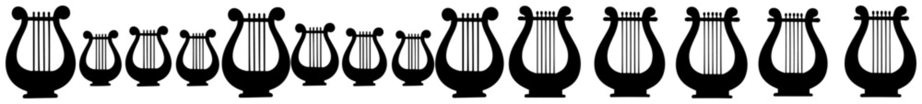 Lyre string instrument border pattern and harp silhouette divider in flat vector style