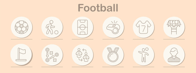 Football set icon Line symbols depict soccer ball, dribbling player, field layout, whistle tool, jersey shirt, fan scarf, corner flag, tactic scheme, substitution players, medal award, cheering figure © Anastasia