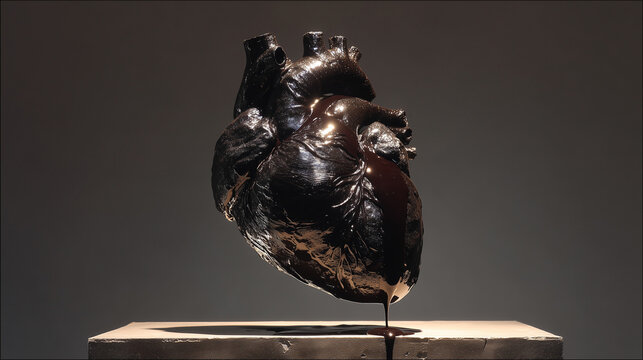 Abstract sculpture of a human heart with dark material seeping from within.