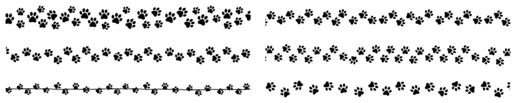 Animal paw prints and dog track borders forming seamless patterns in hand drawn sketch style
