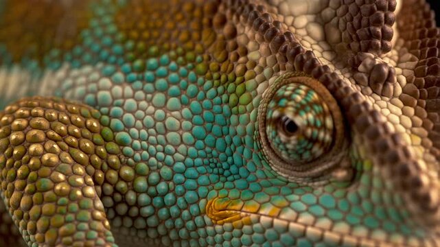 Macro closeup of a vibrant chameleon's head and skin, showcasing intricate, colorful scales and a watchful eye, slow motion, representing adaptation