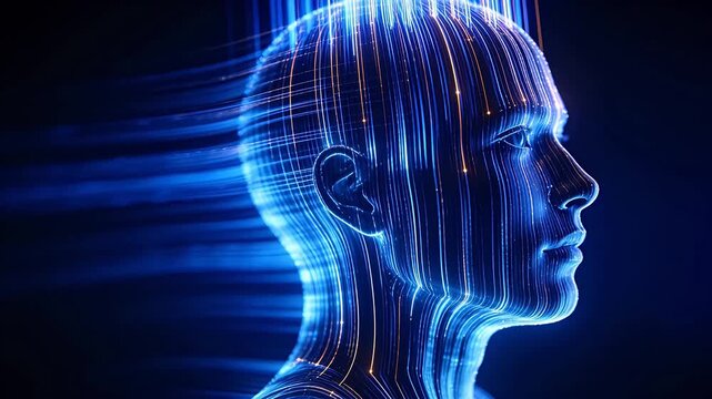 Digital human head silhouette with orange and blue neural lines on dark background