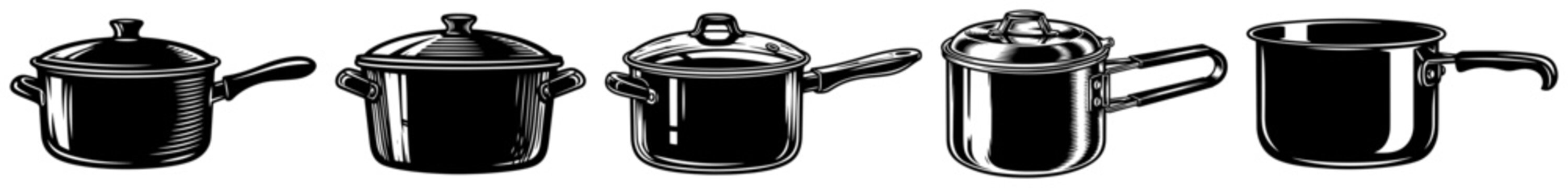 Kitchen cooking pots and saucepans with lids in detailed retro engraving style
