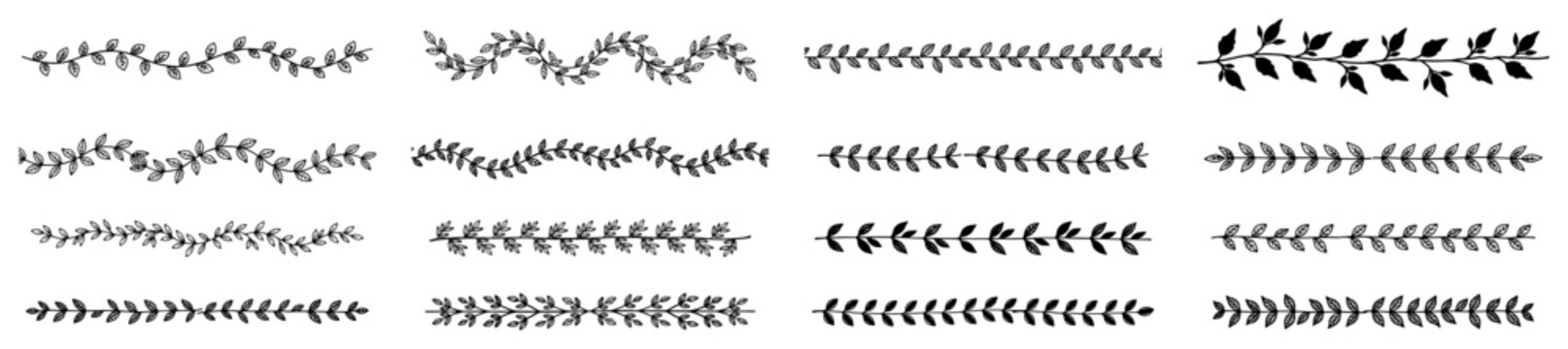 Botanical leaf seamless borders and foliage dividers in hand drawn sketch style