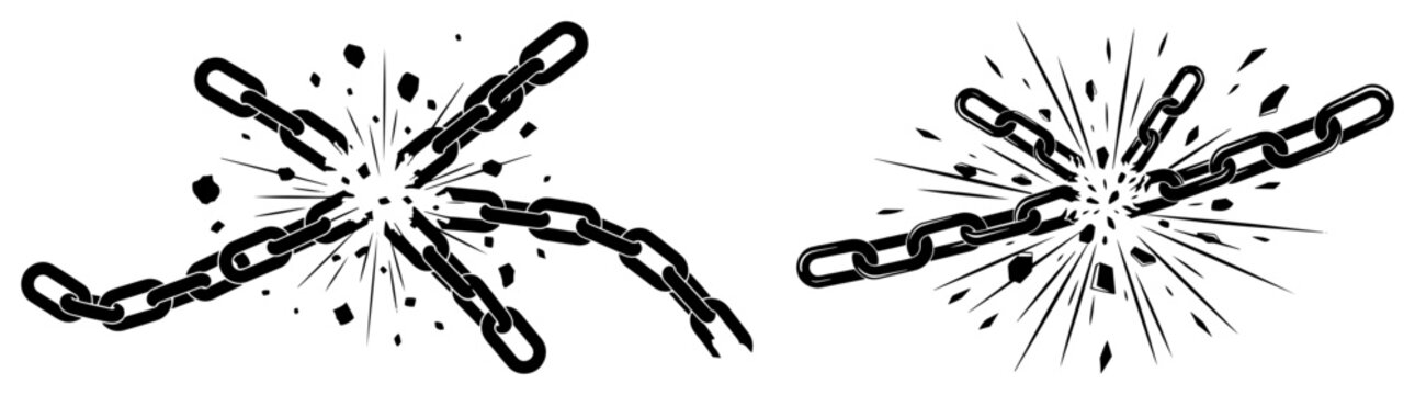Broken metal chains shattering with explosion sparks and flying pieces black graphic style