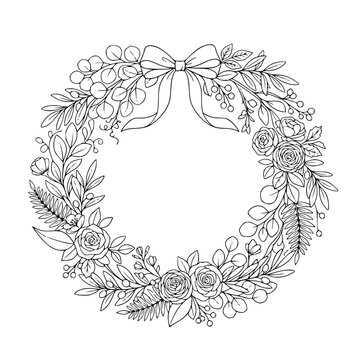 Hand-drawn Floral Wreath with Roses and Bow Line Art Illustration for Coloring