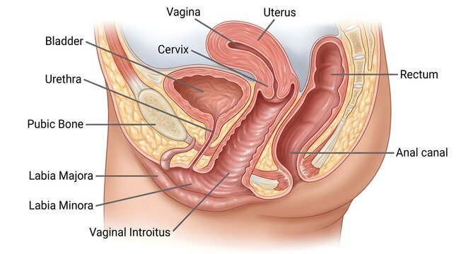 Female Pelvic Organs (Alternative Sagittal View): Uterus, Cervix, Vagina, Bladder, Urethra, Pubic Bone, Rectum, Anal Canal, Labia Majora and Labia Minora Demonstrating Spatial Orientation and Support 