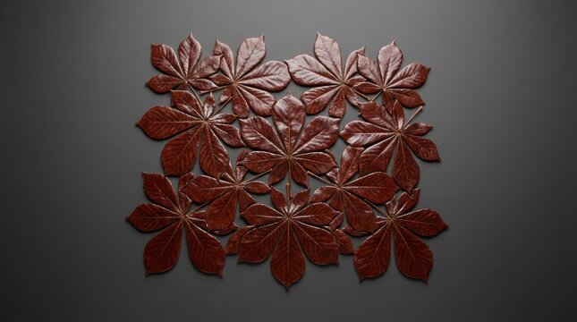 Detailed mosaic of glossy reddish-brown horse chestnut leaves arranged in a cluster on a dark grey background, featuring intricate botanical leaf veins and symmetrical palmate shapes.