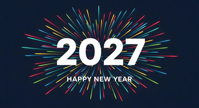 New Year 2027 Celebration with Colorful Fireworks and Festive Typography on Dark Background