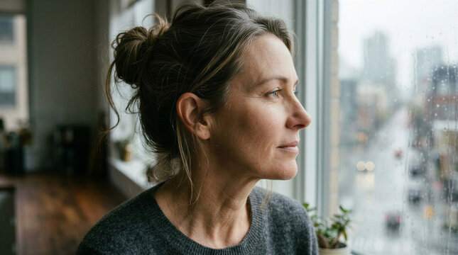 Thoughtful 50 year old woman looking out the window on a rainy day in an urban setting