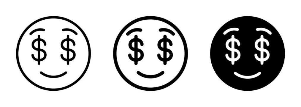 Money Eyes Emoji Icons: Wealth, Riches, and Financial Success Symbols. Three Vector Graphics for Business and Lifestyle Concepts.