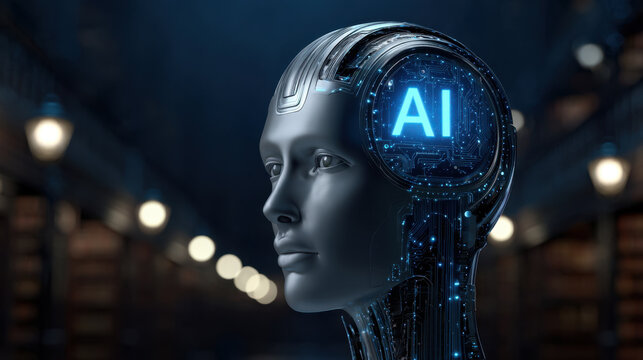 Artificial intelligence head, digital face, glowing circuit, dark background, futuristic technology, 3d render