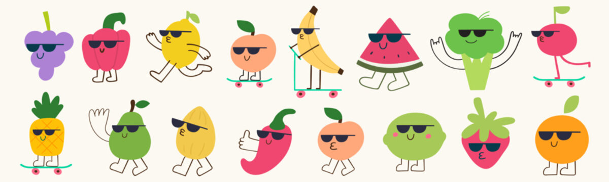 Cool summer fruit and vegetable characters big set wearing sunglasses for kids streetwear prints and stickers collection