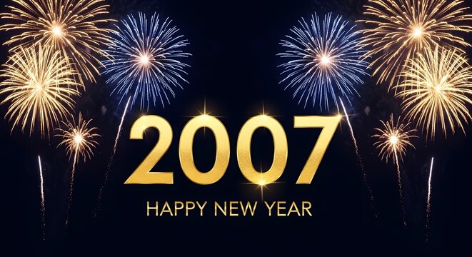 New Year 2007 fireworks celebration with golden sparks and midnight countdown over dark sky